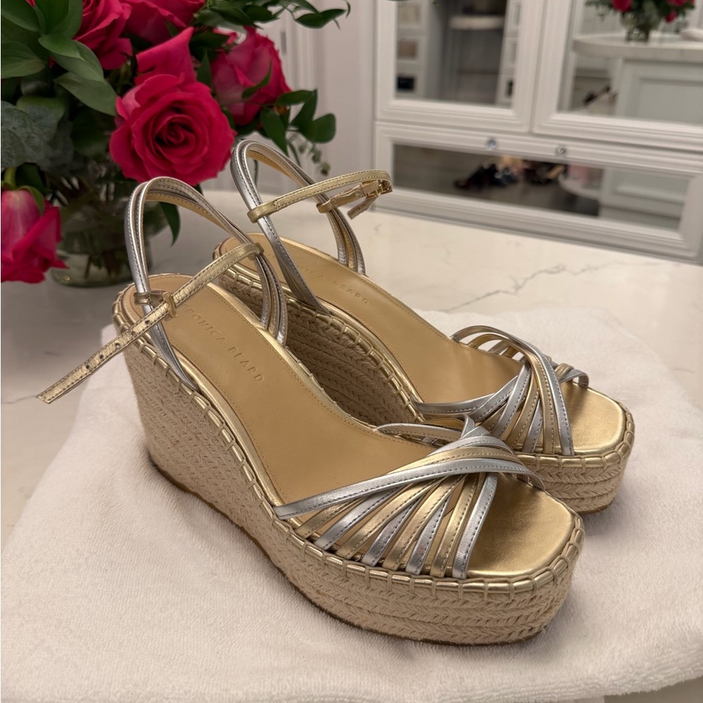 Veronica Beard Silver and Gold Wedge Sandals